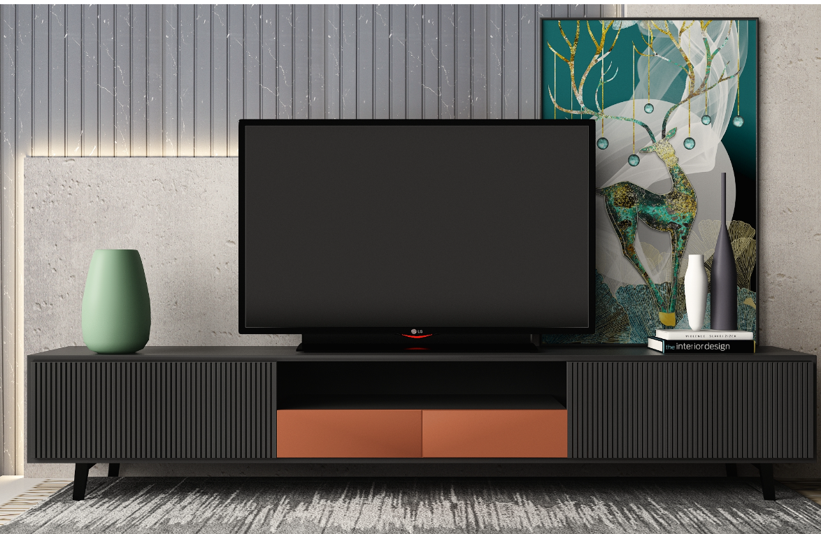 Nordic Fluted TV Stand in Anthracite & Copper